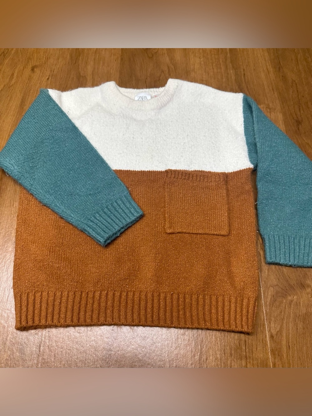Zara Colorblock Crewneck Sweater - Cream, Rust & Teal Blue size 3/4